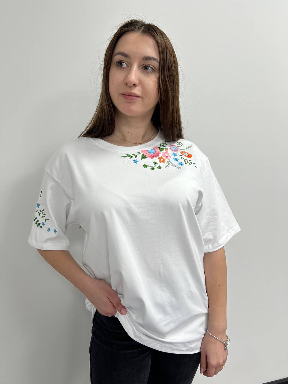 Футболка з вишивкою оверсайз преміум S - XL
